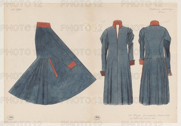 Cloth kontusz, Lithuania, ca. 1790 — side view cut in a scale of 1:5; light navy blue kontusz with red velvet lapels; watercolor drawing, artistic documentation; 3 watercolors on one board with two inventory numbers — kontusz cut and front and back views; fashion, 18th-century men's clothing, Polish kontusz and zupan; maker/illustrator: Frani, Zygmunt 1882–post 1932; Soubise-Bisier, Gustaw Wilhelm 1849–1937 — iconography; Januszewski, Marian fl. ca. 1920 — associated person; dated 1919 before Aug 11, 1919., A drawing of a long garment shown from three angles, all rendered in blue with red accents; on the left a side view shows a flared skirt with pleats and a red collar and cuff detail, in the center a front view displays a long fitted bodice with long sleeves, a red inner collar and red cuff accents, and on the right a back view shows similar pleating at the skirt and a red collar and cuff, all elements outlined in dark lines on a light beige paper background.