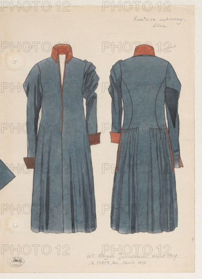 Cloth kontusz, Lithuania, ca. 1790 — front and back views in 1:5 scale; watercolor and drawing, artistic documentation; light navy blue kontusz with red velvet lapels; 3 watercolors on one board showing kontusz cut and front and back views; made ca. 1790; attributed illustrator: Frani, Zygmunt 1882–post 1932; Januszewski, Marian fl. ca. 1920 author/illustrator entries; Soubise-Bisier, Gustaw Wilhelm 1849–1937 iconography of the piece noted; zupans, men's clothing, Polish costumes, 18th century; dated 1919 before August 11, 1919, Warsaw., The image shows a drawing of a long dress or coat depicted from front and back, rendered mostly in muted blue with orange-brown accents on the collar and cuffs; the garment has long sleeves with subtle gathers at the shoulders and pleated skirt panels; the front view shows a central opening and a high stand-up collar, while the back view shows fitted seams and side panels with pleats at the lower portion; the background is a light beige paper with slig...