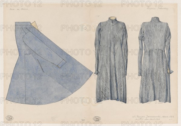 Silk zupan czechman, 1780s — front and back view in 1:5 scale; watercolor and drawing; artistic documentation; maker/illustrator: Frani, Zygmunt 1882–post 1932 author; additional creator entry: Januszewski, Marian fl. ca 1920; subject: men's Polish 18th-century clothing — zupans; related garments: kontusz; note: three drawings on one board showing zupan typeface and front/back views; dated 1919 before August 11, 1919, Warsaw., The image shows a flat drawing of a long dress or coat rendered in shades of blue, with a larger side view on the left and two full-length front and back views on the right; the garments have a high collar and long sleeves, with vertical stripe-like shading on the front and back views and smoother blue wash with subtle speckling on the side view. The background is a pale off-white paper with a faint crease down the center and small circular marks near the middle seam. The colors visible are several tones of blue, pale beige, gray, and off-white, with thin dark gr...