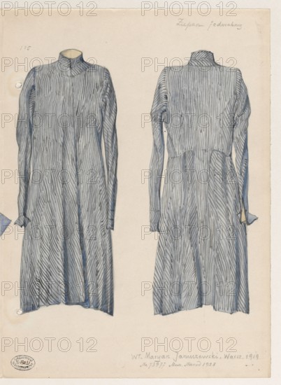 Silk zupan czechman, 1780s — front and back view in 1:5 scale; watercolor and drawing; artistic documentation; depiction of men's 18th-century Polish zupan; three drawings on one board showing zupan typeface and views from front and back; creator: Frani, Zygmunt 1882–post 1932 illustrator; author: Januszewski, Marian fl. ca. 1920; dated 1919 before August 11, 1919., The image shows two long-sleeved garments drawn side by side on a pale background; both garments have high collars and long, flowing silhouettes with vertical, closely spaced stripe-like lines suggesting texture. The garment on the left is shown from the front with slightly flared lower hem and sleeves hanging straight down, while the garment on the right is shown from the back with a fitted waist seam and similar long sleeves. Visible colors include shades of blue and gray used for the garments, with pale beige of the background and small areas of tan at the collar interiors and cuff linings.