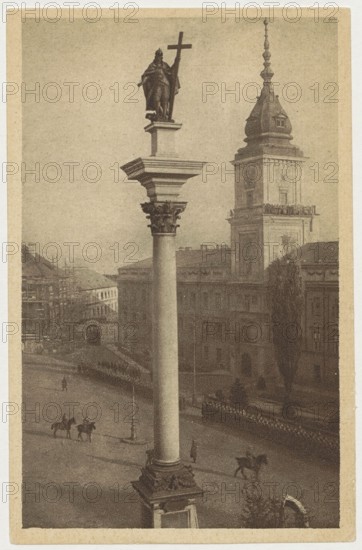 Warsaw. Castle Square, Jan Bulhak 1876–1950 photographer; St. Wojciech Printing House and Bookstore Poznan printing house / co-creator; Polish Society of Railway Bookstores Ruch publisher; Warsaw Masovian Voivodeship, Castle Square; ca. 1930; postcard; 9 × 14 cm, A tall stone column topped by a statue holding a large cross stands prominently in the foreground, with the column showing carved decorative details near its base and capital; behind it is a multi-story building with a tall ornate tower and a pointed spire, and a narrow tall tree beside the building. The scene shows an open paved square with a few mounted figures on horseback and a group of people standing in formation along the street, along with a few scattered pedestrians and a lamppost. The image palette is sepia tones and shades of brown, beige, and cream.
