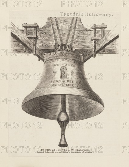 The Bell of Sigismund I in Kraków, illustration, 1860; woodcut engraving by Drzeworytnia Tygodnika Ilustrowany after Józef Tadeusz Polkowski; engraver Müller; press illustration re-glued onto white cardboard; graphics: 17.5 × 13.5 cm; cardboard: 34.8 × 25.7 cm; subject: Zygmunt's Bell Kraków; crafts, bells, artistic crafts; Warsaw., A detailed monochrome illustration of a large hanging bell suspended from a wooden beam structure, showing the bell's curved body, decorative banding, and clapper inside; the wooden supports and ropes above the bell are visible with textured wood grain; the image is rendered in shades of black, gray, and beige on an off-white background.