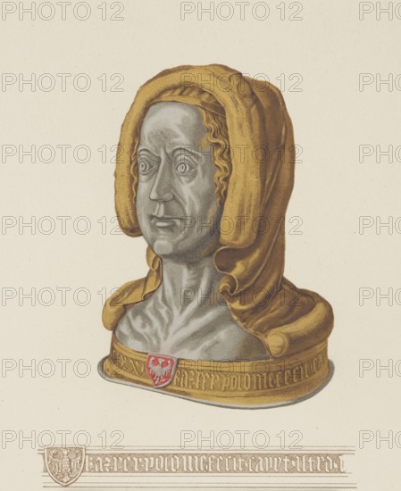 Silver head of Sister Mary Magdalene of Stobnica; illustration from Patterns of medieval art and the Renaissance period to the end of the 17th century in old Poland 1853–1855. Depicts Mary Magdalene Saint; made in the goldsmithing craft as a reliquary herm. Plate/illustration graphic print, reproduction of a work of art. Height 30.0 cm; width 24.1 cm. Creators/contributors: Józef Unger printer/publisher, Edward Rastawiecki co-author, 1804–1874, Maksymilian Fajans publisher/engraver, 1825–1890; lithographic workshop, Henri Walter engraver, ante 1820–1860, Boleslaw Podczaszynski draughtsman, 1822–1876, Aleksander Przezdziecki author, 1814–1871. Place of publication: Warsaw; Paris. Date: 1853–1855., A sculpted bust of a person rendered in gray tones wears a draped hood and mantle in golden yellow with darker ochre shading; the face has detailed features with expressive carved eyes and wavy hair peeking from beneath the hood. The bust rests on a rounded base edged in gold with a small red ...