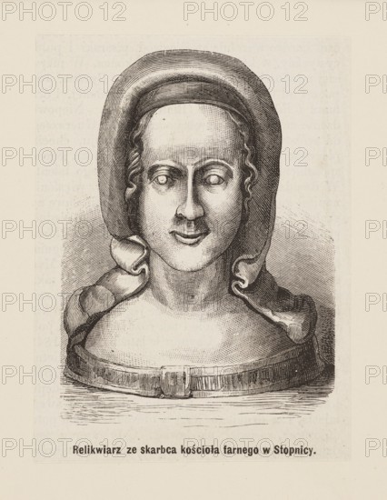 Reliquary from the treasury of the parish church in Stopnica; herm reliquary depicting Mary Magdalene; goldsmithery; press illustration graphics dated 1873; graphics: height 10.7 cm, width 7.9 cm; cardboard: height 35.4 cm, width 25.4 cm; graphic artist, maker/publisher unknown., A monochrome engraved bust of a person wearing a hooded head covering with curled hair visible at the temples, showing a calm facial expression with eyes looking forward, a rounded forehead, and softly smiling lips; the head covering flows into draped fabric over the shoulders and chest, and a decorative collar or band with a central buckle encircles the base of the neck; the image is rendered in black and off-white tones on a pale background.