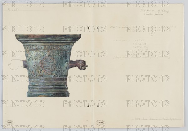 Bronze utility mortar originally from the Jesuit convent in Rawa, the work of bell founder Augustyn Koeschel from 1651 — view at 1:2 scale; drawing and watercolor, artistic documentation by Mieczyslaw Kotarbinski 1890–1943; ink/paint on card; height 35.8 cm, width 51.5 cm; mortars vessel, Jesuits order, 17th century; Rawa Mazowiecka, Warsaw., A painted depiction of a large metal mortar with a wide flared rim and a cylindrical body resting on a short base, shown against a light cream background; the mortar has ornate raised decoration and a central cartouche, and a broken handle on one side with the remaining handle shaped like a stylized animal head; colors visible include green, turquoise, blue, brown, coppery bronze, and hints of purple and rust on the metal, with shadowing in darker blues and grays.