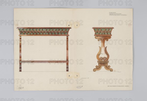Mahogany jardiniere, Warsaw product by Jan Jakub Simmler — side and front views in a scale of 1:5, draughtsman Mariusz Maszynski 1888–1944. 19th century, Biedermeier style; drawing and watercolor, artistic documentation. Plant decoration; height 35.6 cm, width 51.7 cm., A two-page drawing on cream paper showing a pair of furniture designs: on the left a rectangular frame with a decorative top band featuring a repeating floral motif in green and brown and vertical brown legs with a scalloped apron, and on the right a pedestal with a flared green and brown top, an ornate carved brown column with curving scroll details and a carved base with rounded feet; the paper shows a faint crease down the center, small circular stains near the center fold, and the dominant colors visible are cream, green, brown, and touches of beige.