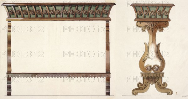 Mahogany jardiniere, Warsaw product by Jan Jakub Simmler — side and front views in a scale of 1:5; draughtsman: Mariusz Maszynski 1888–1944. 19th century, Biedermeier style; materials: drawing and watercolor; artistic documentation; plant decoration; dimensions: height 35.6 cm, width 51.7 cm; place: Warsaw; date: 1916 not after 27.06.1916., The image shows two decorative architectural elements drawn on a pale background: on the left, a rectangular frame with vertical posts and a detailed horizontal cornice, and on the right, an ornate pedestal with a flared top and curving base. The cornice and top surfaces are painted with green and brown tones and contain a row of circular floral motifs in brown and tan. The vertical posts and the pedestal body are rendered in shades of brown and tan with darker brown shading, and the scalloped trim and carved accents are shown in brown and tan as well. The background is an off-white or cream color.