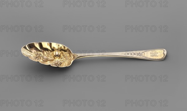 Jam spoon with an ovoid, serrated scoop decorated with a bunch of repoussé fruit; widening handle with a semicircular tip, slightly curved upwards, decorated with an engraved ornament of leaves and snake-like lines; on the handle in a heart-shaped medallion, engraved with a tied monogram MEK. Made by Peter, Ann & William Bateman fl. 1800–1805 of the Bateman goldsmith firm London; fl. 1761–1843. 1803–1804, London, England. Cutlery; height 20.7 cm, width 4.2 cm., A single ornate spoon rests on a flat background, showing a shiny metallic surface in gold tones; the bowl of the spoon has a scalloped edge and an embossed decorative interior with raised fruit and leaf motifs, while the handle is long and slender with engraved floral-like patterns and beaded edging, all reflecting light to create highlights and darker gold shadows against a neutral gray backdrop.