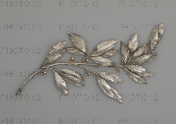 Laurel branch, unknown,  author, Paderewski, Ignacy Jan 1860-1941, end of 19th century, unknown type of places / locality, varia, height 29.7 cm, width 14.5 cm, weight 105 g, A metallic branch with a group of elongated leaves arranged along twisting stems lies against a flat background; the leaves are shiny and textured with visible veins and varying patinas, and there are a few small spherical berries attached to the stems. The colors visible include silvery gray on the leaves and stems, muted gold on the berries, and a uniform medium gray background.