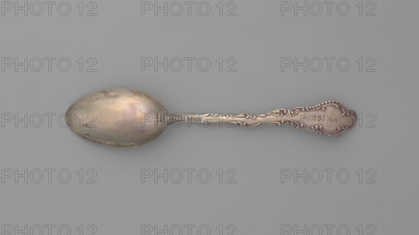Souvenir spoon, Gorham Mfg. Co. Providence; goldsmith's manufactory; fl. 1865- — Souvenir spoon with an oval scoop with a relief representation of harbor fortifications, bay and ships; at the edge of the scoop the inscription EADS JETTIES. NEW ORLEANS; handle with an irregular edge bordered with acanthus leaves; finial with a portrait of a bearded man and on the sash the signature CAPT. EADS below the breakwater; late 19th century; Providence, United States of America; cutlery; height 14.8 cm, width 3 cm, weight 30 g., A single ornate spoon lies horizontally against a uniform gray background, showing a rounded bowl with a slightly worn, reflective surface that displays muted tones of silver, warm gold, and hints of iridescent purple, while the handle features decorative raised scrollwork and beading with a polished metallic finish in silver and subtle warm highlights.