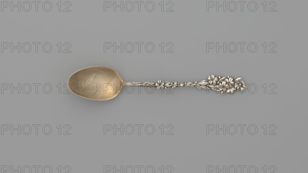 Spoon, Wallace & Sons Mfg. Co. fl. 1871- maker, Souvenir spoon with an ovoid scoop, gilded with an inscription engraved inside in cursive Los Angeles; handle fashioned as a semi-plastic flower branch with leaves; early 20th century, United States of America, Wallingford; cutlery; length 9.5 cm; width 1.8 cm; weight 5 g, A single ornate spoon rests on a smooth gray background; the bowl of the spoon has a warm golden tone while the handle and decorative elements show a silvery metallic color, featuring a floral motif with a group of flowers and leaves along the handle and a few raised petal shapes at the end, the spoon's surface shows subtle highlights and soft shadows.