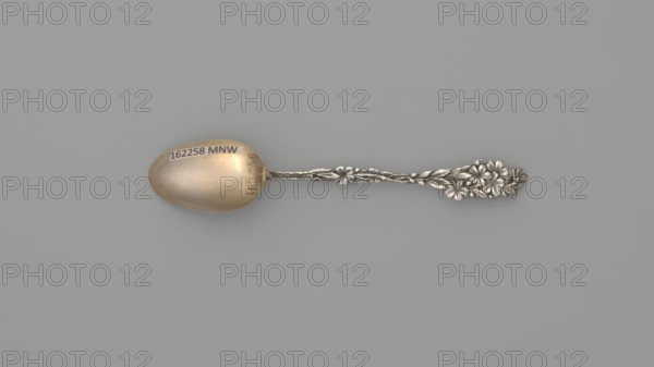 Spoon, Wallace & Sons Mfg. Co. fl. 1871–, goldsmith company; Souvenir spoon with an ovoid scoop, gilded with an inscription engraved inside in cursive Los Angeles; handle made of a semi-plastic flower branch with leaves; early 20th century; United States of America; Wallingford; cutlery; flowers motif; length 9.5 cm; width 1.8 cm; weight 5 g; associated name: Paderewski, Ignacy Jan 1860–1941., A single ornate spoon lies horizontally against a plain light gray background, with a rounded bowl showing a warm golden tone and a long handle in a cool silver tone featuring a raised floral motif with several detailed flowers and leaves.