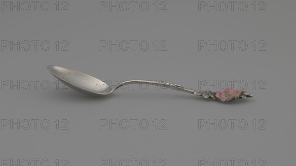 Souvenir spoon by Reed & Barton goldsmiths, fl. 1840–, Hennegen Bates & Co jewelry firm, fl. 1869–1955; associated with Ignacy Jan Paderewski 1860–1941. Ovoid dipper with engraved inscription NORFOLK - VA - / - JAN. - 1905; on the reverse the monogram HP Helena Paderewska, 1856–1934 in italics. Handle in the form of a floral sprig terminating in an enameled wild rose flower. Design identified as Wilde Rose cutlery model, ca. 1905. Made in Taunton, United States; sold in Baltimore. Cutlery; length 13 cm, width 2.1 cm, weight 20 g., A metal spoon rests on a flat gray surface against a gray background, showing a curved bowl with a slightly tarnished silver finish and a handle that tapers into an ornate end; the handle is silver with decorative raised detailing and finishes in a floral element that is pink with a yellow-green center.
