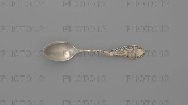 Souvenir spoon, Frank M. Whiting Co. North Attleboro; goldsmith's firm; fl. 1878–1940. Souvenir spoon with ovoid scoop, handle with irregular edge with image of Niagara Falls and inscription NIAGARA, ca. 1900. Material: cutlery; place of origin: North Attleboro, United States of America. Length 10.6 cm; width 2 cm; weight 10 g. Maker associated name: Paderewski, Ignacy Jan 1860–1941 inscription/association., A single metal spoon lies horizontally against a solid gray background, with a smooth, reflective bowl on the left showing faint surface marks and a long ornate handle on the right featuring decorative raised patterns and an embellished rounded end; the visible colors are metallic silver tones and gray.