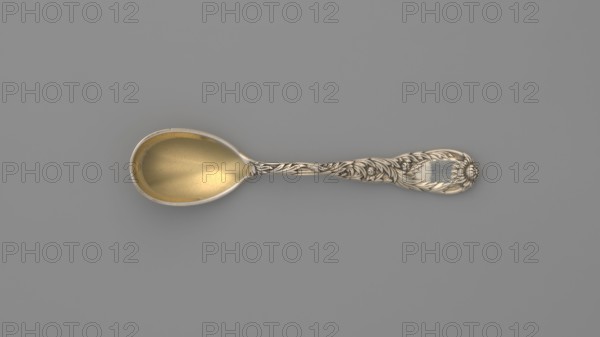 Egg spoon, Tiffany & Co. New York; goldsmith and dealer; active from 1853, designed by Charles Grosjean 1841–1888. Egg spoon with an ovoid scoop, gilded inside, with a profiled, widening handle topped with a chrysanthemum flower; both sides of the handle bear a relief decoration of chrysanthemum leaves and flowers that overlap the scoop on the back. Chrysanthemum pattern introduced by the company in 1880; late 19th century; New York, United States. Cutlery; length 11.5 cm, width 2.5 cm, weight 30 g., A single ornate spoon lies flat against a smooth gray background, showing a golden-toned bowl with a slightly worn surface and a silver-toned handle decorated with detailed floral and leaf motifs that continue along the length of the handle to an embellished rounded end; visible colors include gray, gold, and silver.