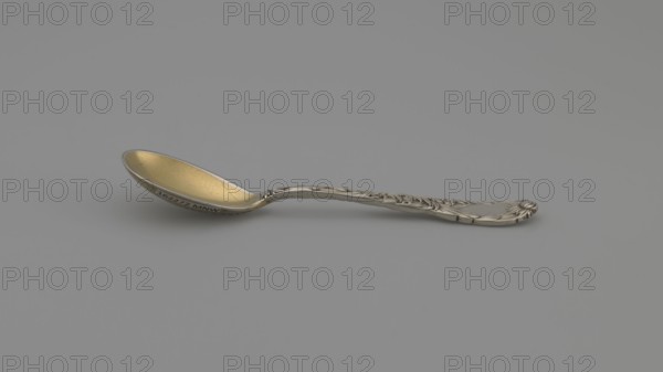 Egg spoon, Tiffany & Co New York; goldsmith and dealer; 1853-, ; designer Charles Grosjean 1841-1888. Egg spoon with an ovoid scoop, gilded inside, with a profiled widening handle topped with a chrysanthemum flower; both sides of the handle feature a relief decoration of chrysanthemum leaves and flowers overlapping the scoop on the back. Chrysanthemum pattern introduced by the company in 1880; late 19th century; New York, United States of America. Cutlery. Length 11.5 cm, width 2.5 cm, weight 30 g., A single ornate spoon lying on a flat surface, showing a gently curved handle with raised floral and scrollwork decoration in silvery metal and a shallow bowl with a warm golden interior; the background and surface are uniform grey, and the spoon casts a soft shadow.
