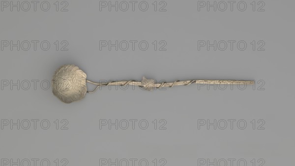 Decorative spoon with a flat round scoop with irregular edges decorated on both sides with engraved leaves and clusters; flat handle simulating a branch around which a vine is entwined. Late 19th century., Cutlery; varia. Height 14 cm, width 2.5 cm, weight 5 g., A single long metallic object with a rounded shallow bowl at one end that has a textured, patterned surface and leaf-shaped impressions, attached to a slender twisted handle that includes a decorative leaf motif along its length; the object and its details appear in shades of silver and gray against a smooth medium-gray background.
