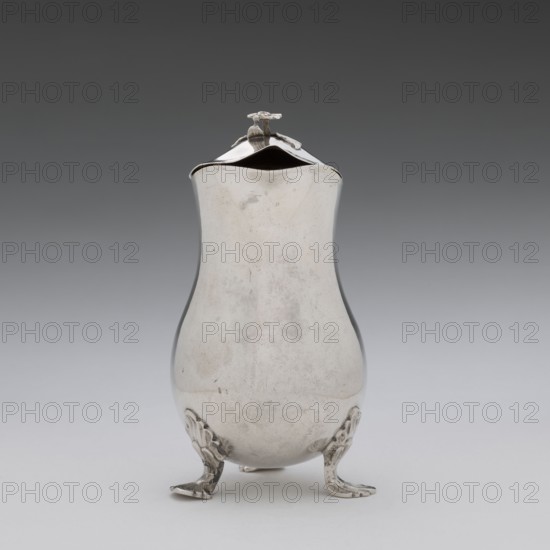 Jug, Holke, Marcin fl. ca. 1765–ca. 1792 goldsmith, tableware vessel decorated with flowers, before 1792, Poland, Warsaw; height 13.2 cm, width 10 cm, depth 6 cm, weight 215.8 g, A reflective metallic vessel with a curving, bulbous body sits on a flat surface supported by a few ornate claw-like feet; the vessel has a hinged lid with a small decorative finial and a narrow pouring opening, and the overall colors visible are silver, gray, and subtle darker gray tones against a gradient gray background.