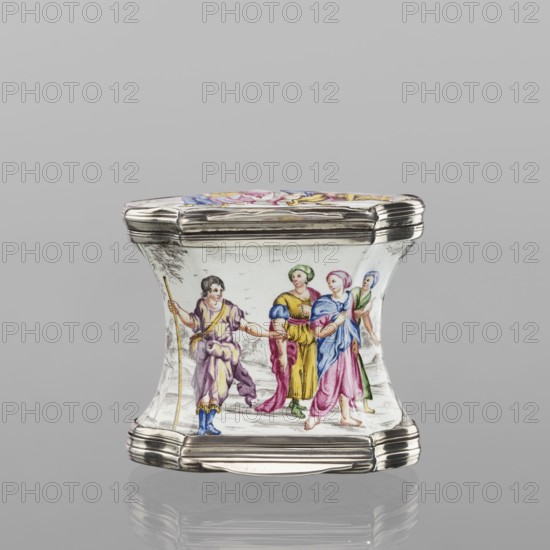 Double snuffbox, enameller LZ France?; fl. ca. 1700. Double-sided snuffbox, tall, narrowed halfway up; slightly bulging lids, framed by silver with profiled fittings. White-enameled, decorated with colourful scenes from the story of Samson depicted against a landscape painted in grisailles. Sides: Samson going to the Philistine city of Timna, shown the way by three women, and Samson fighting a lion. Lids: Samson carrying the door the city gate to the top of the mountain opposite Hebron and Samson taking honey from the lion's mouth. Reverses of the lids: two landscapes with architecture painted in grisailles and colourful flowers painted in the bottoms. Early 18th century France?, enamelling; smoking accessory. Height 7 cm; width 7.7 cm; depth 4.7 cm., A small decorative box with a curving hourglass-like profile and shiny metallic rims, shown resting on a reflective surface. The main body is white with a painted scene of a few figures in historical dress: one figure on the left holds a ...