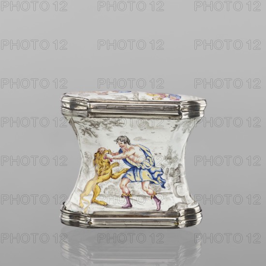 Double snuffbox, enameller LZ France?, fl. ca. 1700. Double-sided snuffbox, tall, narrowed halfway up; slightly bulging lids, framed by silver, profiled fittings, white-enameled, decorated with colourful scenes from the story of Samson depicted against a landscape painted in grisaille. Sides: two representations — Samson going to the Philistine city of Timna, shown the way by three women, and Samson fighting a lion. Lids: Samson carrying the door the city gate to the top of the mountain opposite Hebron, and Samson taking honey from the lion's mouth. Reverse of the lids: two landscapes with architecture painted in grisaille and colourful flowers painted in the bottoms. Early 18th century, France, enamelling; smoking accessory. Dimensions: height 7 cm, width 7.7 cm, depth 4.7 cm., A small hinged box with a curving, hourglass-shaped body and metal trim, decorated with a painted scene showing a man wearing a blue draped garment and pinkish footwear grappling with a yellow lion; the painted...