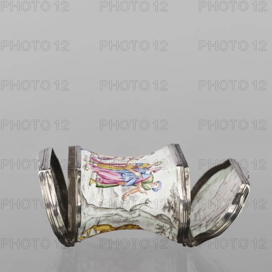 Double snuffbox, enameller LZ France?; fl. ca. 1700. Double-sided snuffbox, tall, narrowed halfway up; slightly bulging lids, framed by silver, profiled fittings. White-enameled, decorated with colourful scenes from the story of Samson depicted against a landscape painted in grisailles. On the sides: Samson going to the Philistine city of Timna, shown the way by three women, and Samson fighting a lion. On the lids: Samson carrying the door the city gate to the top of the mountain opposite Hebron, and Samson taking honey from the lion's mouth. On the reverse of the lids: two landscapes with architecture painted in grisailles and colourful flowers painted in the bottoms. Early 18th century France?, enamelling; subject: Samson Bible — Samson fighting a lion; Samson collecting honey from a lion's mouth. Function: smoking accessory. Dimensions: height 7 cm, width 7.7 cm, depth 4.7 cm., An object with a curved, hourglass-like central section flanked by hinged lids, primarily white with hand-...
