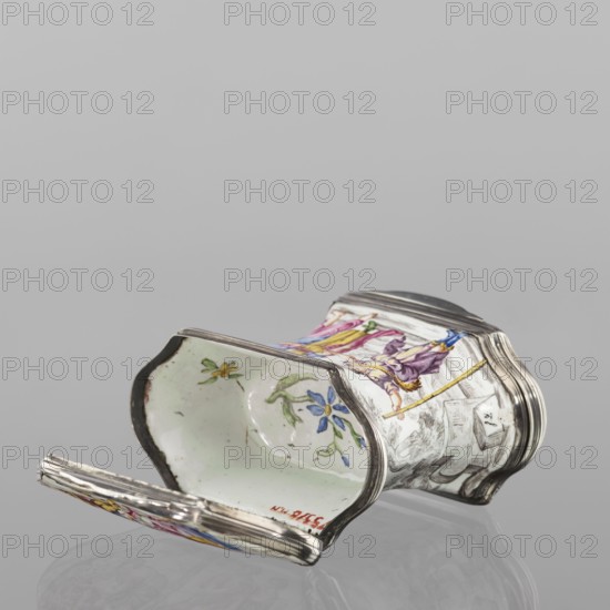Double snuffbox, enameller LZ France?, fl. ca. 1700. Double-sided snuffbox, tall, narrowed halfway up; slightly bulging lids, framed by silver, profiled fittings, white-enameled, decorated with colourful scenes from the story of Samson depicted against a landscape painted in grisailles. Sides: Samson going to the Philistine city of Timna, shown the way by three women, and Samson fighting a lion. Lids: Samson carrying the door the city gate to the top of the mountain opposite Hebron and Samson taking honey from the lion's mouth. Reverse of the lids: two landscapes with architecture painted in grisailles and colorful flowers painted in the bottoms. Technique: enamelling, painted enamel. Iconography: Samson Bible, Samson fighting a lion, Samson collecting honey from a lion's mouth, flowers, landscape. Early 18th century, France . Function: smoking accessory. Dimensions: height 7 cm; width 7.7 cm; depth 4.7 cm., An ornate small container lies on its side against a neutral gray background, ...