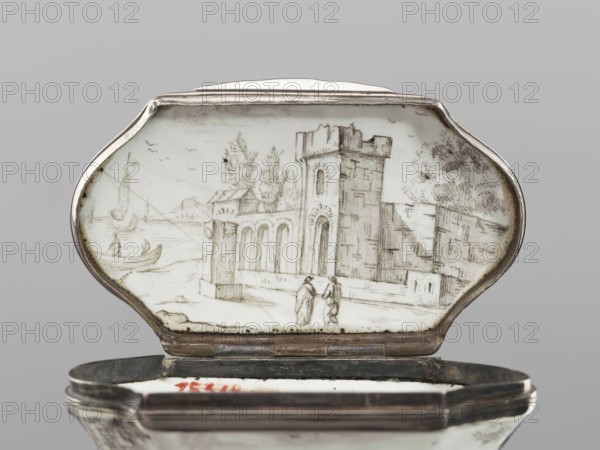Double snuffbox, LZ enameller; France?; fl. ca. 1700. Double-sided snuffbox, tall, narrowed halfway up; slightly bulging lids, framed by silver, profiled fittings. White-enameled, decorated with colourful scenes from the story of Samson depicted against a landscape painted in grisailles. On the sides two representations: Samson going to the Philistine city of Timna, shown the way by three women, and Samson fighting a lion. On the lids: Samson carrying the door the city gate to the top of the mountain opposite Hebron, and Samson taking honey from the lion's mouth. On the reverse of the lids: two landscapes with architecture painted in grisailles and colourful flowers painted in the bottoms. Enamelling; iconography: Samson Bible, Samson fighting a lion, Samson collecting honey from a lion's mouth, flowers. Early 18th century, France . Smoking accessory. Height 7 cm, width 7.7 cm, depth 4.7 cm., An open small metal box with an interior lid showing a monochrome sketched scene of a riversid...