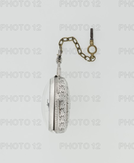 Pocket watch with key, Norton, Eardley fl. 1770–1792 born 1728, died 1792. Case by APD casemaker; Germany; 3rd quarter of the 18th century. Pocket repeater in two silver cases: smooth outer case; inner case with framed glazed lid and a mechanism cover engraved with an openwork floral twig, winding hole, and bell. White enameled dial with black Roman hour numerals, minute scale marked with dashes, and a calendar with Arabic numerals; three steel hands — hour and minute in openwork weave, third straight hand indicating days of the month; small seconds subdial with Arabic numerals. Dial signed EARDLEY NORTON / LONDON. Movement: gilded brass frame with circular plates connected by pillars, spring-powered drive, spindle escapement; lower plate with openwork crown richly decorated with acanthus tendrils and engraved acanthus volutes; cut-out reserve engraved Eardley / Norton London. Preserved winding key on chain. Date: 3rd quarter of the 18th century. Places: case Germany; maker London. Obj...
