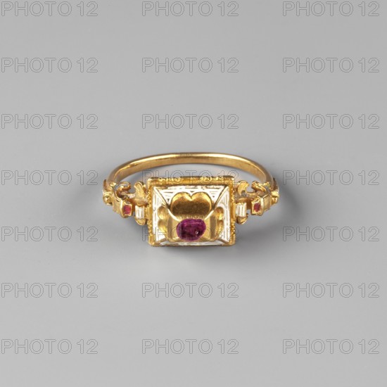 Renaissance ring, Renaissance style, body adornment hand adornment. Rectangular setting with a high box and a tabular-cut ruby, decorated with white enamel. Prism-shaped base with engraved hearts, on two side surfaces. Ring widens towards the base with solid volutes, decorated with opaque white, light blue, green, and red enamel. 2nd half of the 16th century, Central Europe. Jewelry. Height 2.2 cm, width 2.7 cm, depth 0.9 cm, weight 4.82 g., A gold ring with a square decorative top featuring a raised heart-shaped motif and a central round purple gemstone, a few small purple stones set near the band, and visible gold and white metal detailing against a light gray background.