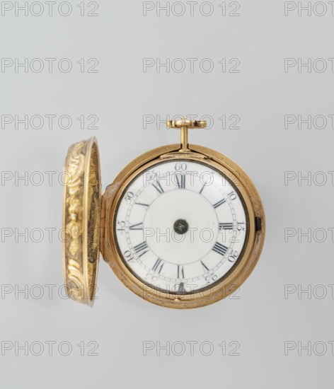 Pocket watch in case. Maker: M. Cradelle fl. ca. 1750. Watch in double case, outer case covered with lizard with riveted rosette. Mythological scenes; rococo style. Mid-18th century, London, England. Timepiece. Dimensions: height 6 cm; width 4.5 cm; dial diameter 3.5 cm., A round pocket watch with an open hinged cover showing a circular white face with dark markings and a central dark dot, set in a metallic gold-toned case with decorative engravings on the cover; the watch rests against a pale gray background with visible colors including white, gold, dark gray, and light gray.
