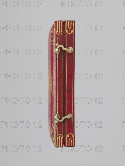 Rectangular key case with a hinged cover and two clasp hooks. Trimmed with red leather, with gilded embossing; on the cover a frame along the edge with an ornament in the corners. In the centre a ducal mitre. On the underside a gilded frame along the edge, in the centre an ungilded embossed rhombus with an inscribed quatrefoil, and in the centre a rhombus with a four-petal rosette. Glued on a printed card with inventory numbers handwritten ink. Dated 1833, Germany. Varia. Height 9.8 cm, width 5.9 cm, depth 1.8 cm., A vertical view of a thin rectangular object with a red textured surface and gold decorative lines and flourishes along its edges, showing a pair of small brass hook-and-eye clasps attached near the middle and lower sections; the object appears split into two narrow panels pressed together, with visible wear and slight dark scuff marks on the red surface, set against a plain light gray background.