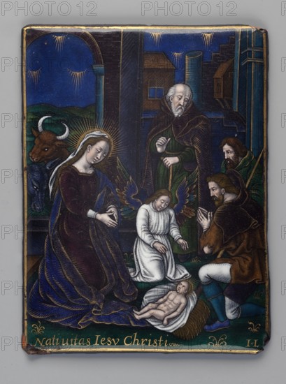 Plaque with a Christmas scene, enamel on metal, late 16th century, Jean Limousin fl. 1561–1610, Adoration of the Child: slightly convex plate with a sapphire background showing the Christ child on a swaddle with a bundle of hay and a golden radiant halo; kneeling left, the Virgin Mary with a golden halo; in the background an angel in a white robe with richly decorated wings and St. Joseph holding a staff; to the right two shepherds. Antique-style architecture and rural buildings in the background, with heads of a bull and a donkey at the manger; sapphire sky with emerging golden star rays. At the bottom, against a green ground, gilded tufts of plants and the gilded inscription NATIVITAS IESU CHRISTI; gold enameller's signature at bottom right. Thin gold frame. Limoges, France. Plaque, height 10.5 cm, width 8 cm., A painted scene on a rectangular panel showing a group of people clustered around an infant lying on a cloth and straw; a woman in a dark blue and deep maroon robe with a whit...