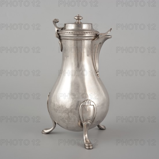 Coffee pot by F. Picard fl. ca. 1798–ca. 1809, silver, Paris, France, ca. 1798–1809. Vessel coffee pot, height 46.0 cm, width 8.5 cm, depth 8.5 cm, weight 248.2 g., A rounded metal pitcher with a hinged lid and a curved spout stands on three ornate legs, showing a smooth, reflective surface with some darker areas and faint speckling; the pitcher, lid, spout, handle accents, and legs all appear in silvery gray tones against a light gray background.