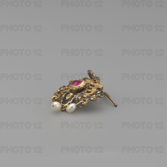 Earring, Renaissance style, 19th century, Poland, jewelry, height 3.5 cm, weight 7 g, A small ornate metallic object with a gold tone lies against a plain gray background, featuring an openwork filigree design and a central faceted pink gemstone; a few off-white pearls hang from one edge and there are darker accents within the gold elements, with a thin gold-toned pin extending from the piece.