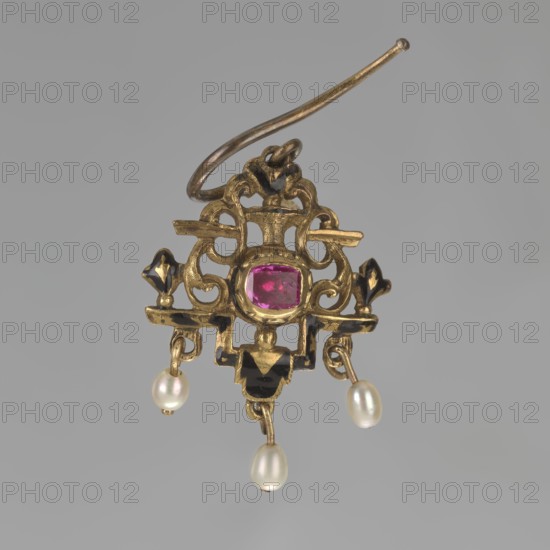 Earring, Renaissance style, 19th century, Poland; jewelry; height 3.5 cm; weight 7 g, A single ornate earring hangs against a plain gray background, featuring an intricate gold metalwork frame with swirling openwork and small black enamel accents, a central faceted pink gemstone set in the middle, and three small dangling off-white pearls suspended from the lower edge; the ear wire is a thin slightly curved metal rod in a brass tone.