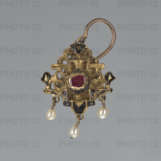 Earring, Renaissance style, 19th century, Poland, jewelry, height 3.5 cm, weight 7 g, An ornate gold earring with a looped hook at the top, featuring an openwork decorative body with scroll-like shapes and dark enamel accents, a central oval red gemstone set in a gold bezel, and a few small white teardrop pearls hanging from short gold links; visible colors include gold, red, black, white, and a neutral gray background.