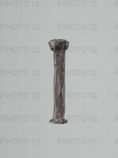 Stamp-die, Oval, convex die with a depiction of a king's bust wearing an open crown. Possibly 18th or 19th century, Poland . Die; height 9.5 cm, width 2.3 cm, depth 1.8 cm., A single rust-colored metal nail with a rough, irregular surface and a flattened head is centered against a pale gray background, showing dark brown, gray, and subtle black tones along its shaft and base.