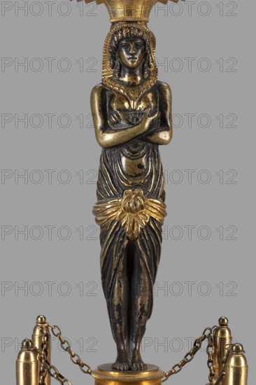 Two-candle candelabra depicting Egyptian women, early 19th century, France, lighting, height 35 cm, width 22.5 cm, depth 11.3 cm, A sculpted female figure in a standing pose with arms crossed over the chest rendered in metallic tones of gold and dark bronze, wearing a headpiece and a draped garment with prominent folds and a decorative knot at the waist, with a smooth rounded base beneath her feet and a few short chains and small rounded posts in gold surrounding the base against a plain neutral gray background.