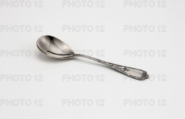 Salad spoon, Art Nouveau, silver with a teardrop-shaped scoop, widening handle ending in a donkey-like spine, relief decoration of a floral tendril in the Art Nouveau style, ca. 1919, Latvia, cutlery; height 18.2 cm, width 4 cm., A single metal spoon lies on a plain light background, showing a reflective bowl and an ornately patterned handle with decorative raised motifs; the visible colors are silver tones and shades of gray against a white background.