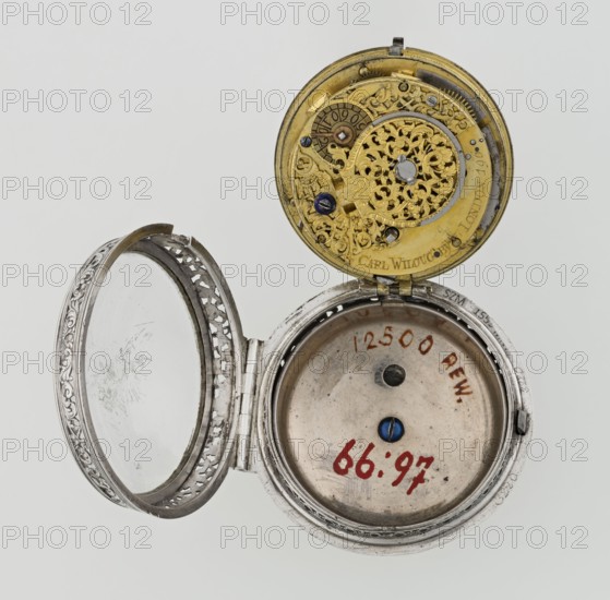 Pocket watch, Willougby, Carl watchmaker; repossession provenance; openwork case; acanthus scrolls, fish scale ornament, shells, birds, masks male and female as decorative motifs; openwork mechanism decorations. Pocket watch with striking function; silver in a partially openwork case, richly decorated with engraved ornament covering the entire surface of acanthus twig and flowers among which birds and two masks. In the centre a circular reserve made of acanthus twig, volutes and fish scales, inside a bell. Glazed lid enclosed by an openwork frame decorated with a floral twig and a broken ribbon. Mechanism between two circular plates supported by columns, with a spindle escapement, a worm with a chain, and a balance drum. Gilded, openwork crown with an engraved acanthus twig, combined with an openwork foot and a woman's mask. White-enameled dial edged with a gilded, knurled ribbon, hour markers in Arabic numerals, minutes marked with vertical lines; steel hands. 2nd quarter of the 18th ...