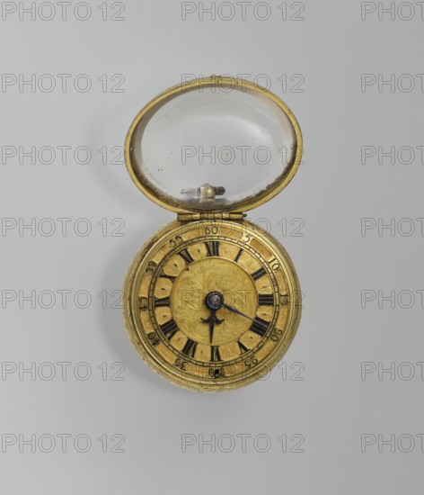 Pocket watch by Jacques Marcet fl. ca. 1725–ca. 1750. Gilded silver, almost spherical, double case; enameled numerals on the dial. Cases decorated with plant motifs: inner case shows flowers in a vase in a reserve formed by a ribbon that on the outer side forms heart-shaped loops with floral sprigs between them. Side strip of plant-floral tendrils. Outer case has a flower sprig in a circular central reserve surrounded by an interwoven ribbon and floral sprigs in the fields. Movement bears an openwork bow and the Jacques/Marcet signature. Inside both cases is the number E. 4 unidentified. Engraved case decoration stylized in a Middle Eastern manner; possibly intended for the Turkish market. Watchmaker may have worked in England rather than France if he was a Huguenot. 2nd quarter of the 18th century; France ; timepiece. Height 6.5 cm, width 5.5 cm, depth 4 cm., A round pocket watch with its lid open showing a domed transparent cover and a circular gold-colored face with engraved decorat...