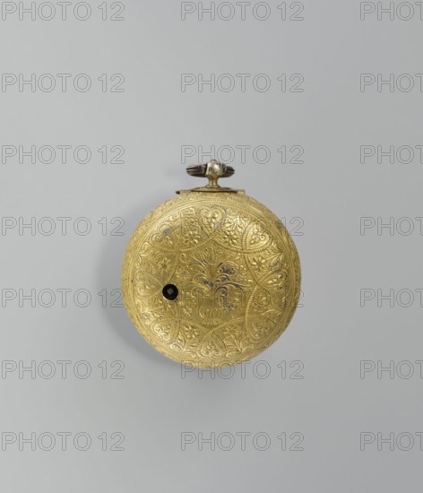 Pocket watch by Jacques Marcet fl. ca. 1725–ca. 1750. Gilded silver, almost spherical, double-case pocket watch with enameled numerals on the dial. Cases decorated with plant motifs: inner case with flowers in a vase in a reserve formed by a ribbon that on the outer side forms heart-shaped loops with floral sprigs between them; side strip of plant-floral tendrils; outer case with a flower sprig in a circular central reserve surrounded by an interwoven ribbon and floral sprigs in the fields. Movement bears an openwork bow and the Jacques/Marcet signature; inside both cases is the number E. 4 unidentified. Engraved case decoration stylized in a Middle Eastern style—possibly intended for the Turkish market. Watchmaker possibly worked in England if a Huguenot; no firm information known. 2nd quarter of the 18th century, France, classicism; decorative vases motif; timepiece. Height 6.5 cm, width 5.5 cm, depth 4 cm., A round ornate object with a decorative surface in gold tones sits against a...