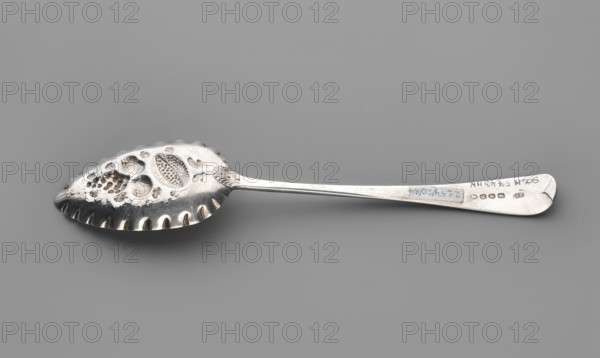 Jam spoon by John Fisher fl. 1793–ca. 1810. Silver jam spoon with a scoop with fluted edges, decorated inside with repoussé fruits; flat handle widening toward the end, rounded and curved downwards, decorated with engraved floral motifs; circular reserve on the handle engraved with monogram ER. Dated 1808/1809, London, Great Britain. Cutlery; height 22.3 cm, scoop width 4.7 cm, weight 60 g., A silver spoon with an elongated, scalloped bowl that has decorative pierced and embossed patterns, including textured and indented shapes, attached to a long, slender handle that widens slightly at the end; the spoon shows reflective metallic surfaces with highlights and darker areas, and the background is a smooth gray.