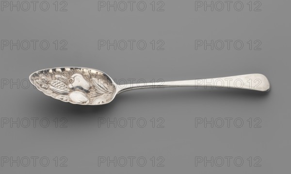 Jam spoon by Stephen I Adams fl. ca. 1758–1802. Silver jam spoon with an ovoid scoop having an irregularly cut edge, decorated with repoussé fruit on a leafy branch; smooth widening handle terminating in a semicircle and bent inwards at the end. Repoussé decoration from the mid-19th century; object dated 1800–1801. London, England. Cutlery. Length 22 cm, width 4.5 cm dipper, weight 62 g., A single metal spoon lies horizontally against a smooth gray background, with an elongated handle tapering slightly before widening at the rounded end and a shallow, oval bowl on the left that features raised decorative reliefs resembling leaves and rounded fruit shapes; the spoon and its decorations appear in silvery and slightly darker tarnished gray tones.