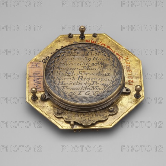 Equatorial sundial, mid-18th century, Augsburg, Germany; sundial with compass resting on legs, in a frame on an octagonal base, decorated with engraved plant and floral ornament centered by a compass; movable rim with Roman numerals; timepiece; height 7.7 cm, width 7.6 cm.