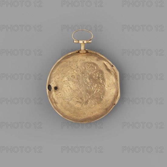 Pocket watch by Daniel Schepcke fl. 1765–1775. Gold case engraved with a bouquet of flowers and a butterfly surrounded by leaves and flowers. White enameled dial with black Roman and Arabic numerals, openwork hands, keyhole between III and IIII, signature on the dial. 1770–1775. Timepiece. Poland, Warsaw. Height 6.5 cm; width 4.3 cm., A round metallic object with a smooth ring and small hinge at the top, set against a plain gray background; the object has a warm gold color with an engraved floral pattern covering its surface and a slightly worn, textured finish, plus a small dark oval area near one edge.