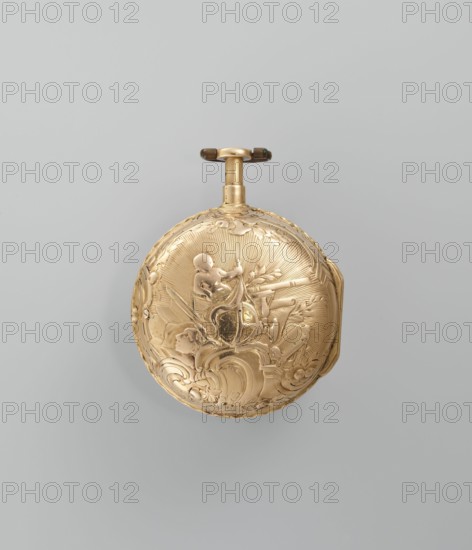 Pocket watch by Franciszek Gugenmus 1740–1820, watchmaker. Pocket watch in a gold case depicting symbols of the sciences on a rocaille base; white-enameled dial with Roman and Arabic numerals, openwork hands set with diamonds. Signature on the dial: Fr. Gugenmus / A VASOVIE. On the movement: Fr. Gugenmus / A VARSOVIE / No. 150. 2nd half of the 18th century. Warsaw, Poland. Watch; height 6.5 cm, width 4.5 cm, weight 93.7 g., A round metallic object with an embossed decorative surface in gold tones set against a pale gray background, the object showing ornate raised designs including a small sculpted figure and flowing ornamental motifs, topped by a short cylindrical stem and a horizontal handle with darker brownish tips, the gold surface catching highlights and subtle shadows that emphasize the textured detailing.