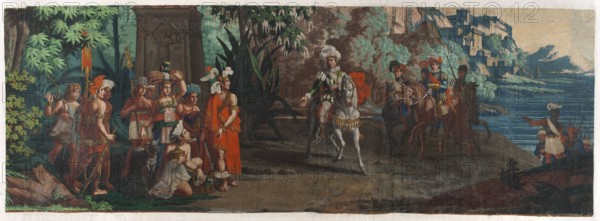Wallpaper Pizarro's Arrival in Peru from the series The Incas - detail. Pizarro, Francisco 1478-1541; Incas. Wallpaper depicting an encounter on the seashore between a group of Indigenous people and Spanish soldiers. The Indigenous people in colorful costumes, bearing gifts, stand in front of a building in the shade of a tropical forest. The Spaniards, led by their commander on a white horse, approach from the sea, dressed in 16th-century armor. On the right, in the background, the silhouette of a palace. Fragment from a composition occupying panels 19–25 the whole composed of 25 panels. The composition is cut from the top by approximately 140 cm, and from the sides by approximately 25 cm. Designer, first edition ca. 1818; full wallpaper composed of 25 panels 12.875 cm wide, ca. 1830, Paris. Wallpaper, height 87 cm, width 239 cm., A wide painted scene shows a group of figures gathered in a lush, leafy landscape with dense green foliage on the left and a rocky shoreline with blue water ...