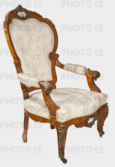 Armchair, provenance unknown. Upholstered armchair backrest, seat, armrests, veneered with rosewood, decorated with porcelain plaques and cast brass fittings. Neo-Rococo style neo-Rococo, featuring rocaille ornament, acanthus ornament, campanulas, floral bouquets, cartouches, and fêtes galantes motifs. S-shaped cabriole legs widening in the upper section, arching into a wavy, bulging frame with front rollers. Armrests repeat the frame outline on recessed, slightly S-shaped supports topped with volutes. Backrest in the form of a symmetrical cartouche, widening upwards, framed by channel sections topped with volutes; with a clearance. Porcelain plaques painted with flowers at the center of the front frame and backrest finial, set in brass frames of rocaille, flowers, and acanthus leaves. Frame edges accented with brass strips; brass fittings include a garland at the backrest finial, volutes at the armrest ends, acanthus plaques and slippers at knees and feet. Seat upholstered on springs....