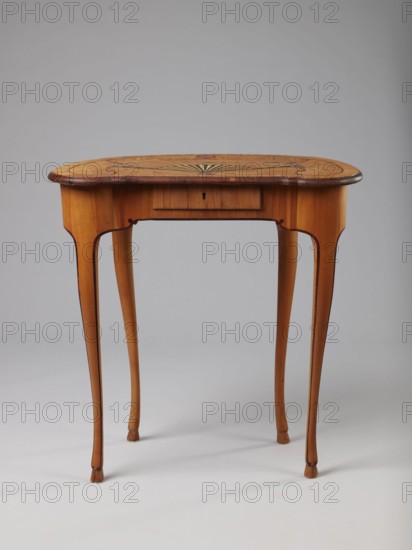 Table, Auxiliary table, ca. 1730–1750, Saxony . Height 72.5 cm, width 71.5 cm, depth 46.2 cm. Supported by four slender, slightly curved S-shaped legs framed and bound with a rosewood ribbon; feet in the form of hooves, stained black. Front frame concave with a small central drawer. Tabletop decorated centrally with a fan enclosed by four fields separated by an irregular rounded ribbon and a narrow crosswise frame; fan setting inlaid with mother-of-pearl rosettes and bound with tin veining, lower part of the fan showing alternating light and dark areas. Tabletop edge veneered with yew solid wood. Mortise lock, single-bolt with brass plate. Ornament: fans, ribbon-and-pincer, hooves animal legs., A wooden table with a rounded rectangular top showing a decorative sunburst pattern inlaid at the center and darker inlaid accents along the edge, supported by slender cabriole legs that taper to small pad feet; the table displays warm tones of honey brown and amber with darker brown outlining a...